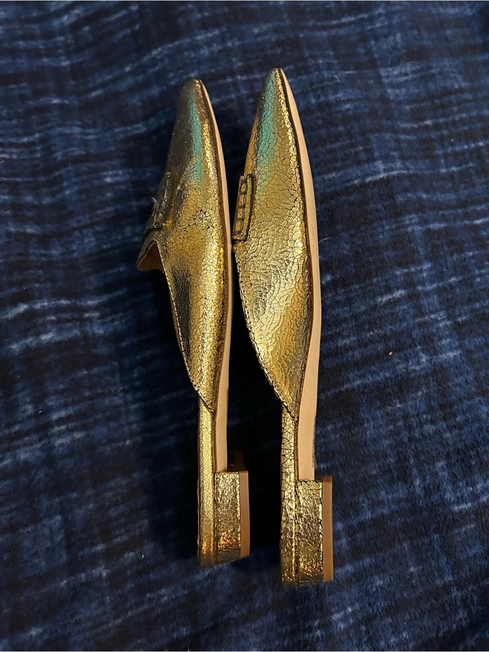 NWOT J Crew Crackled Metallic Gold Pointed-Toe Mule Loafers - Picture 6 of 9